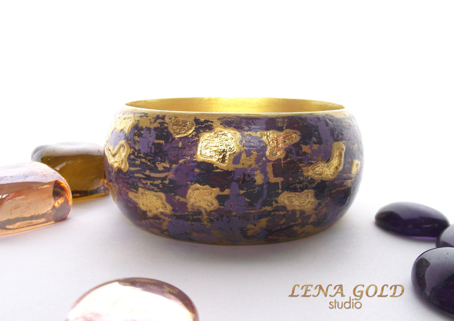 Деревянный браслет с ручной росписью "Золотые брызги" бохо, винтаж
