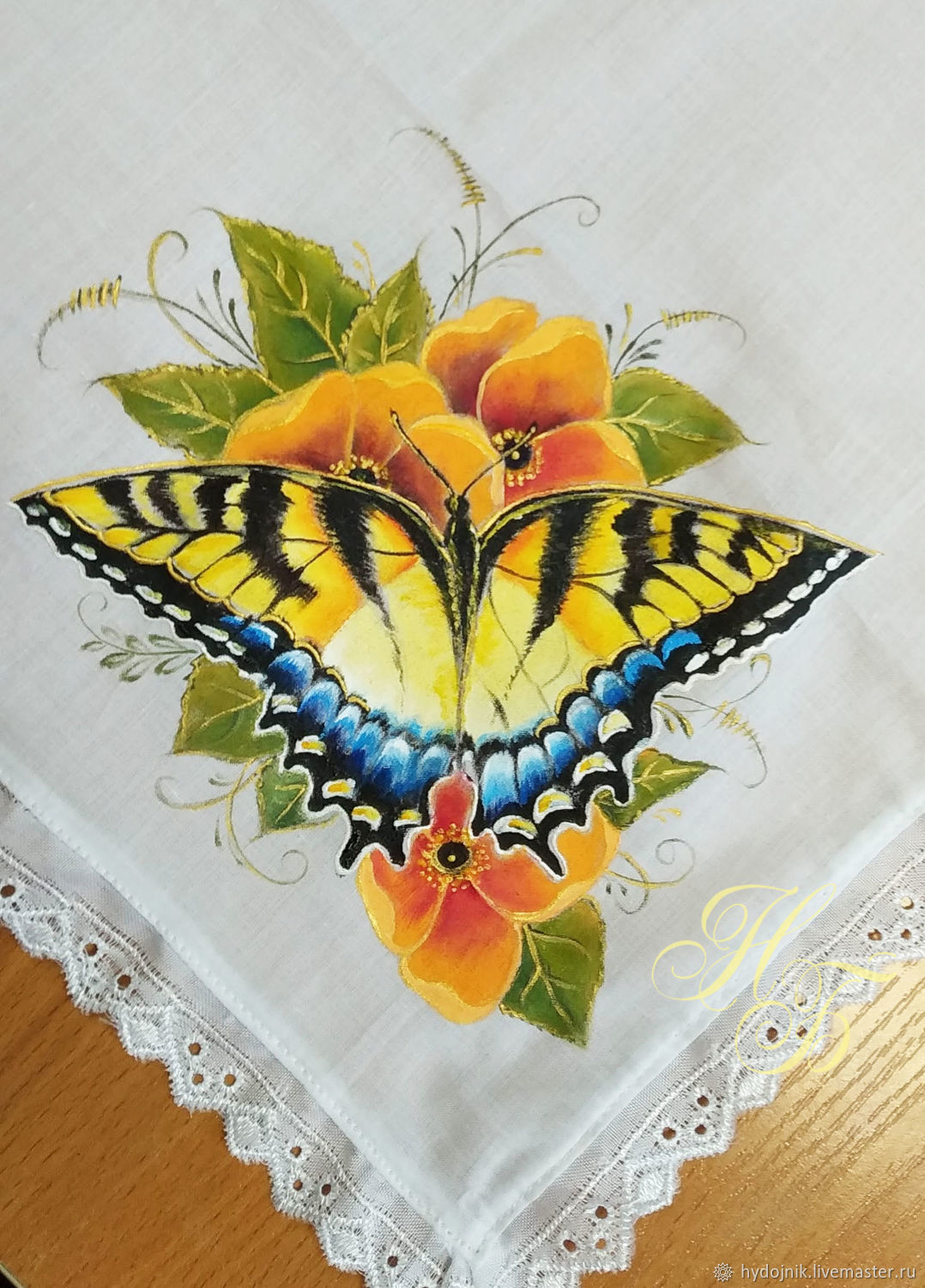 Батистовый носовой платочек с ручной росписью "Лето"