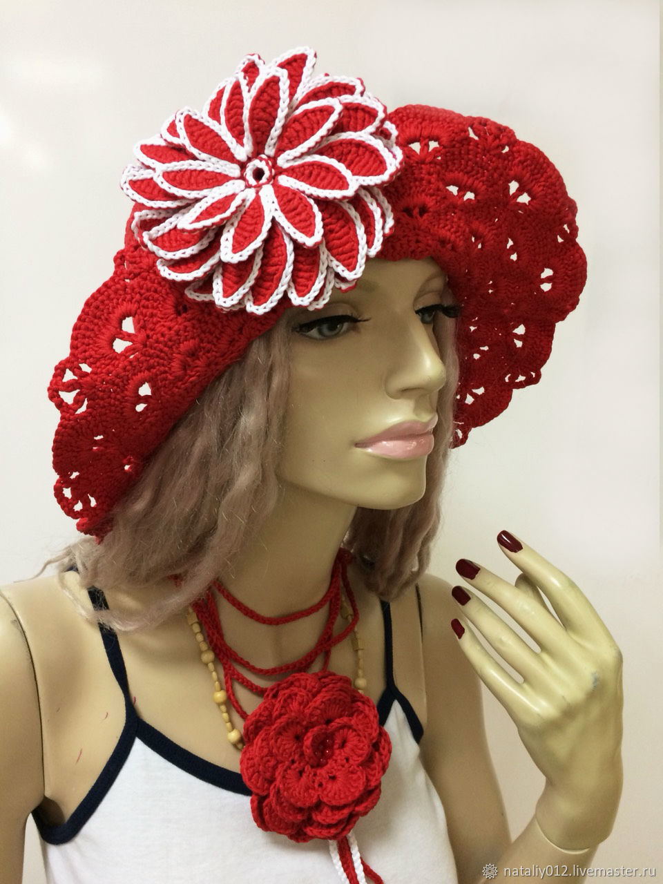 Вязаная шляпка " ADELA-2 цветка " 100% ХЛОПОК Италия