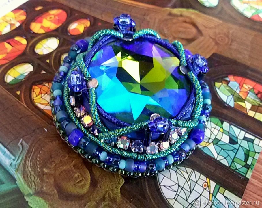 Брошь с кристаллом Свровски Синий Зеленый круглая
