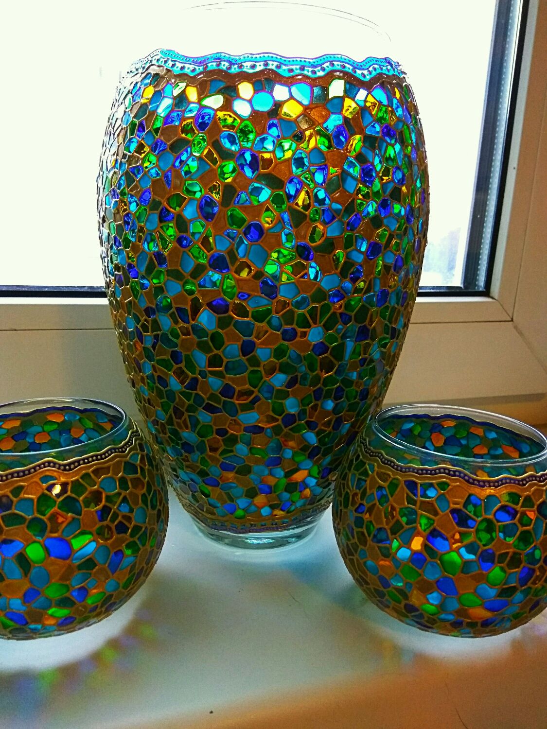 "Весенний лёд" ваза в комплекте с подсвечниками. Витражная роспись