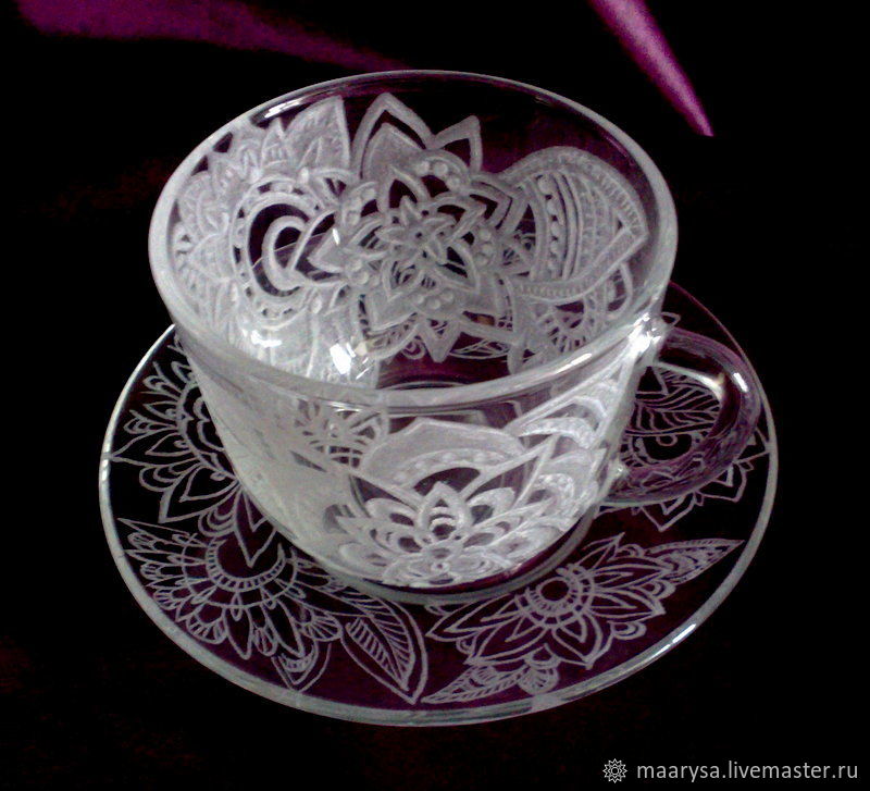 "Ажурное чаепитие" Роспись стекла гравировка по стеклу. Чайная пара