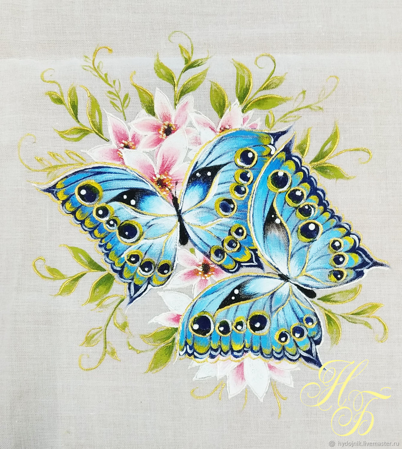 Батистовый носовой платочек с ручной росписью "Бабочки"