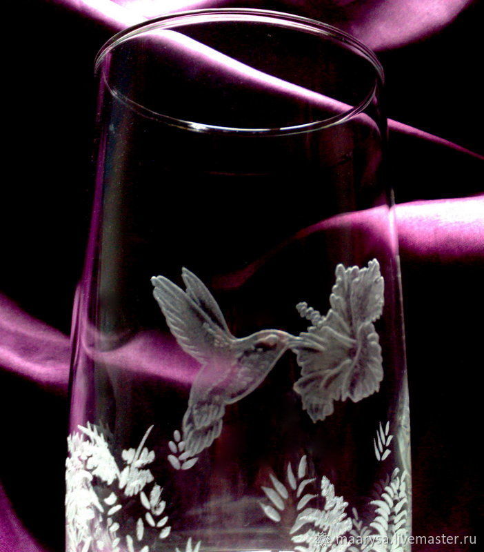 Стакан "Райская птичка" ручная алмазная гравировка по стеклу