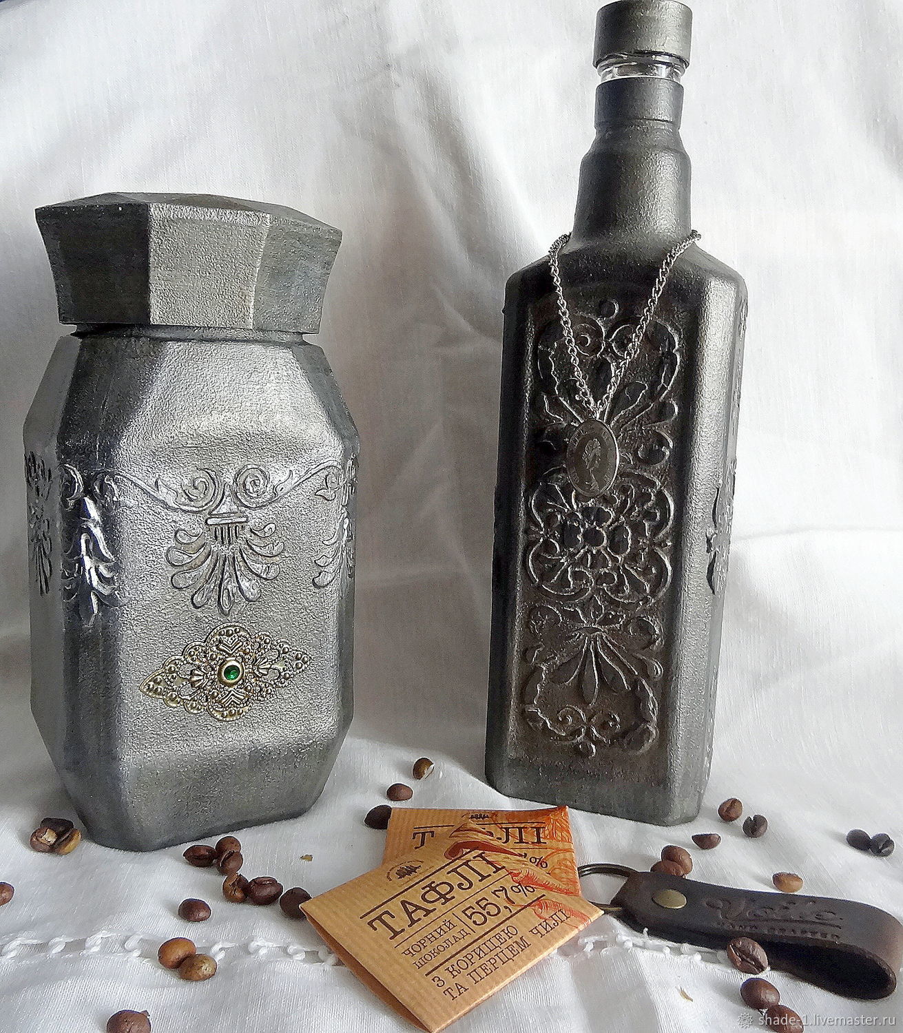 Декорированная бутылка и банка Серебро
