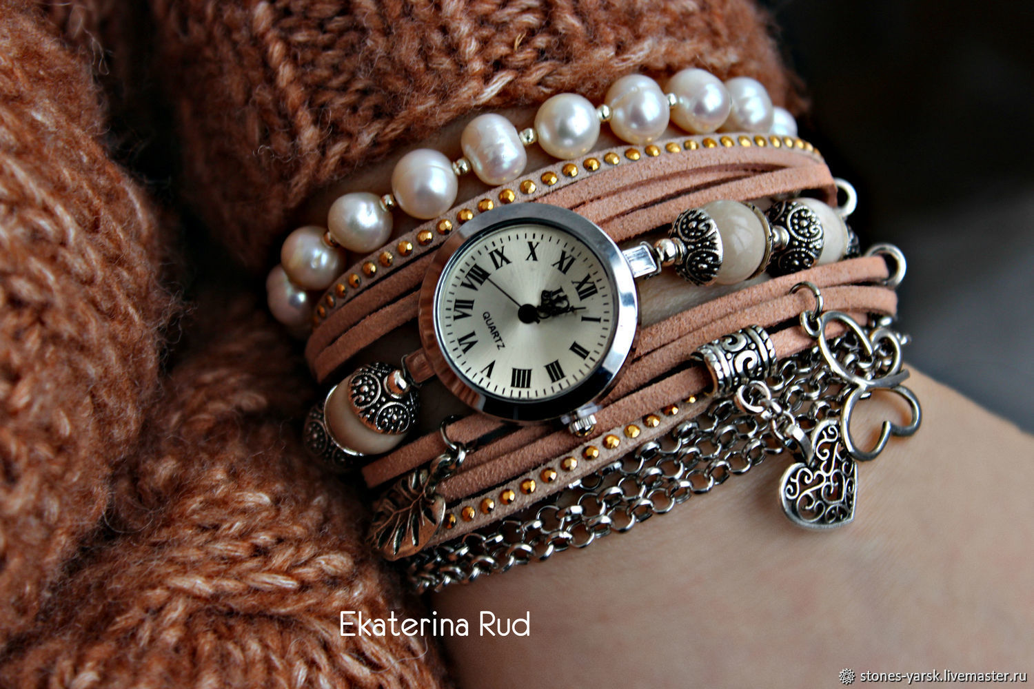 Замшевые женские наручные часы, с яшмой и жемчугом "Нежное время"