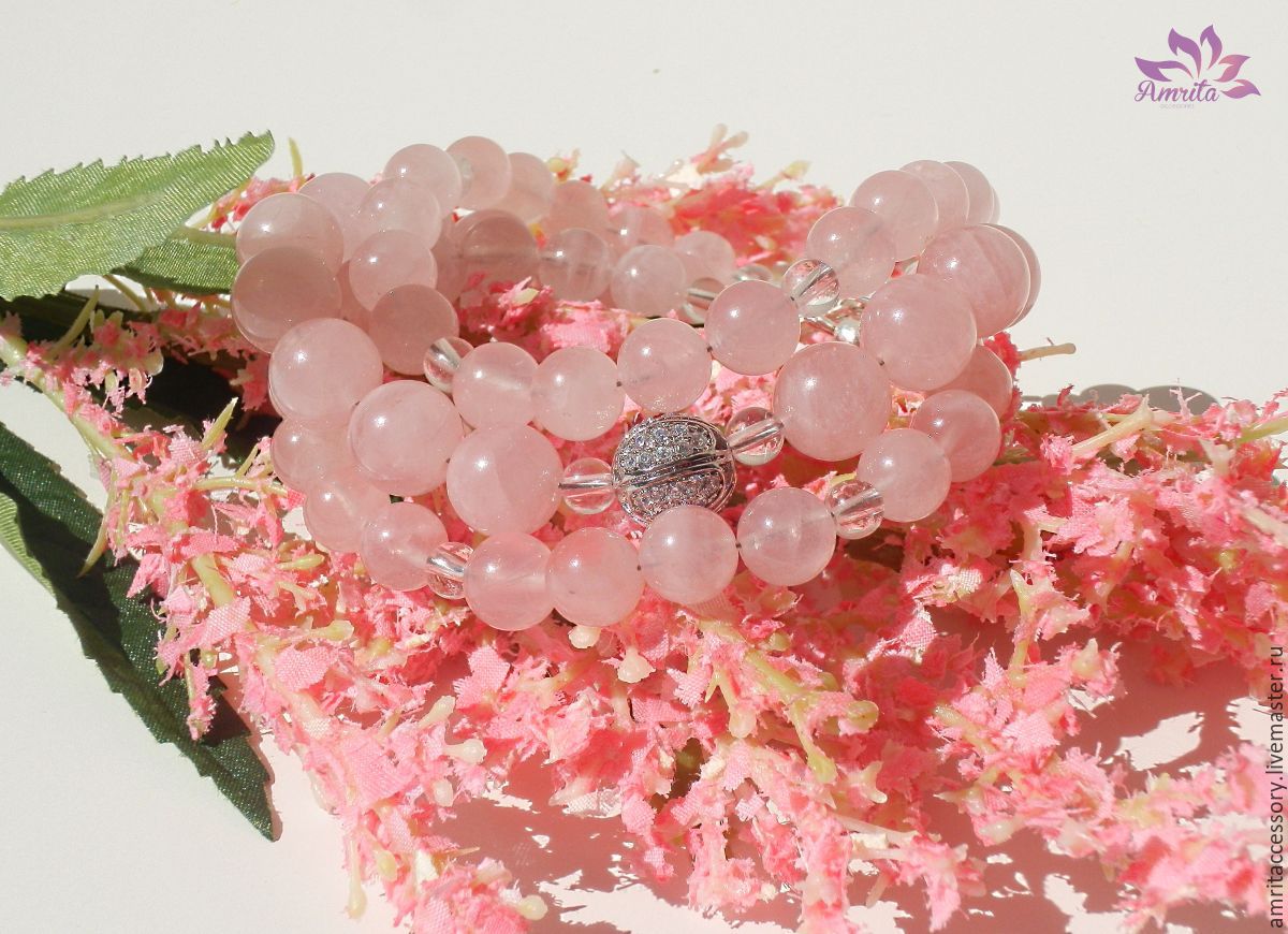 Стильный браслет "Притяжение" из розового кварца и горного хрусталя