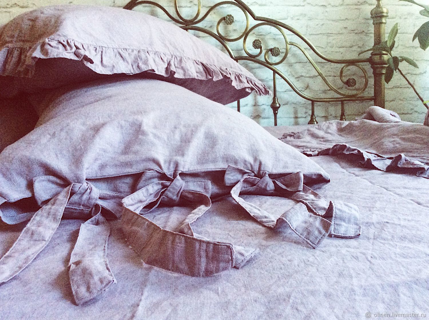 Льняное постельное белье наволочки с рюшками и с завязками