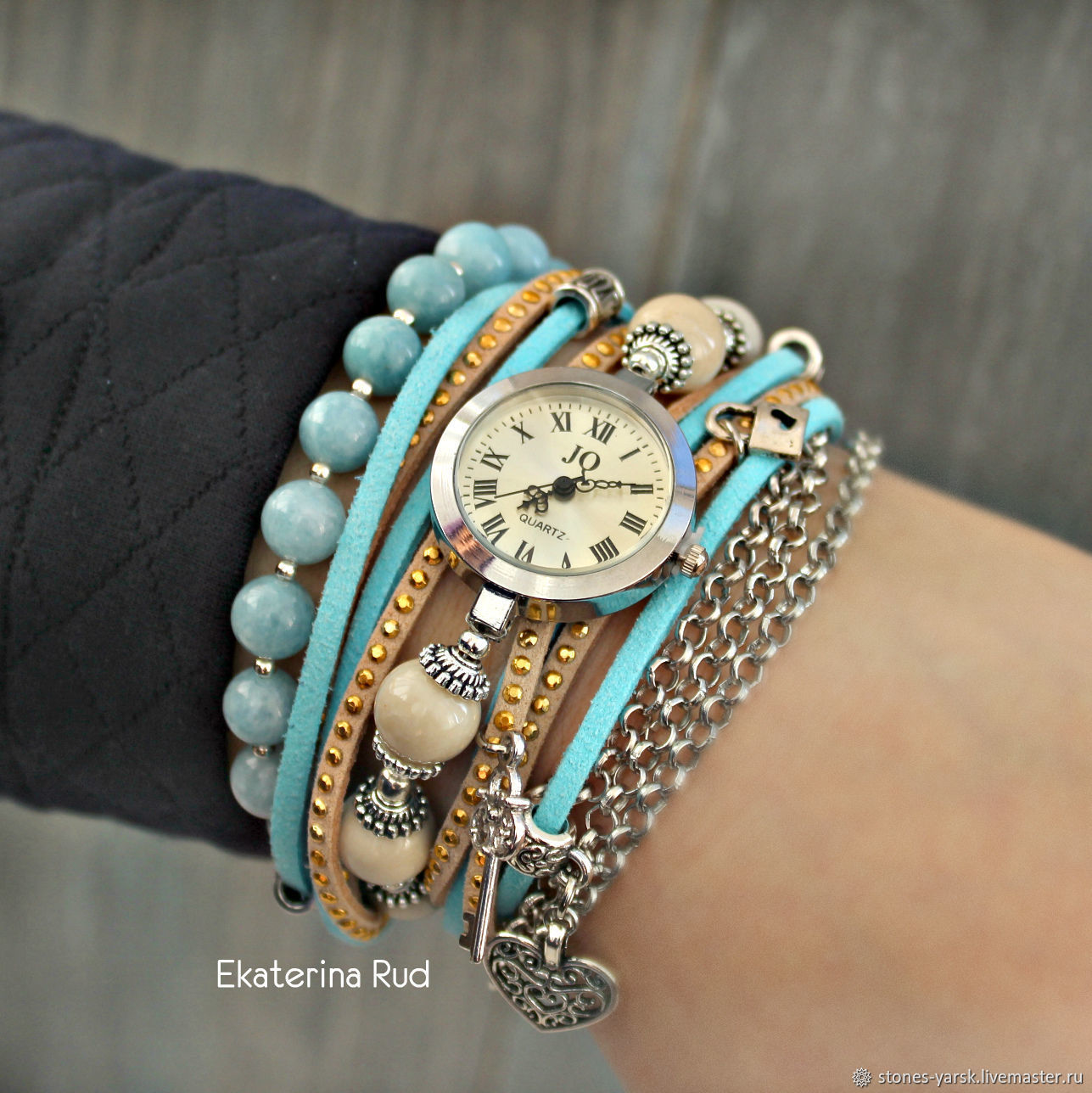 Замшевые женские наручные часы, с яшмой и аквамарином "Ласковое время"