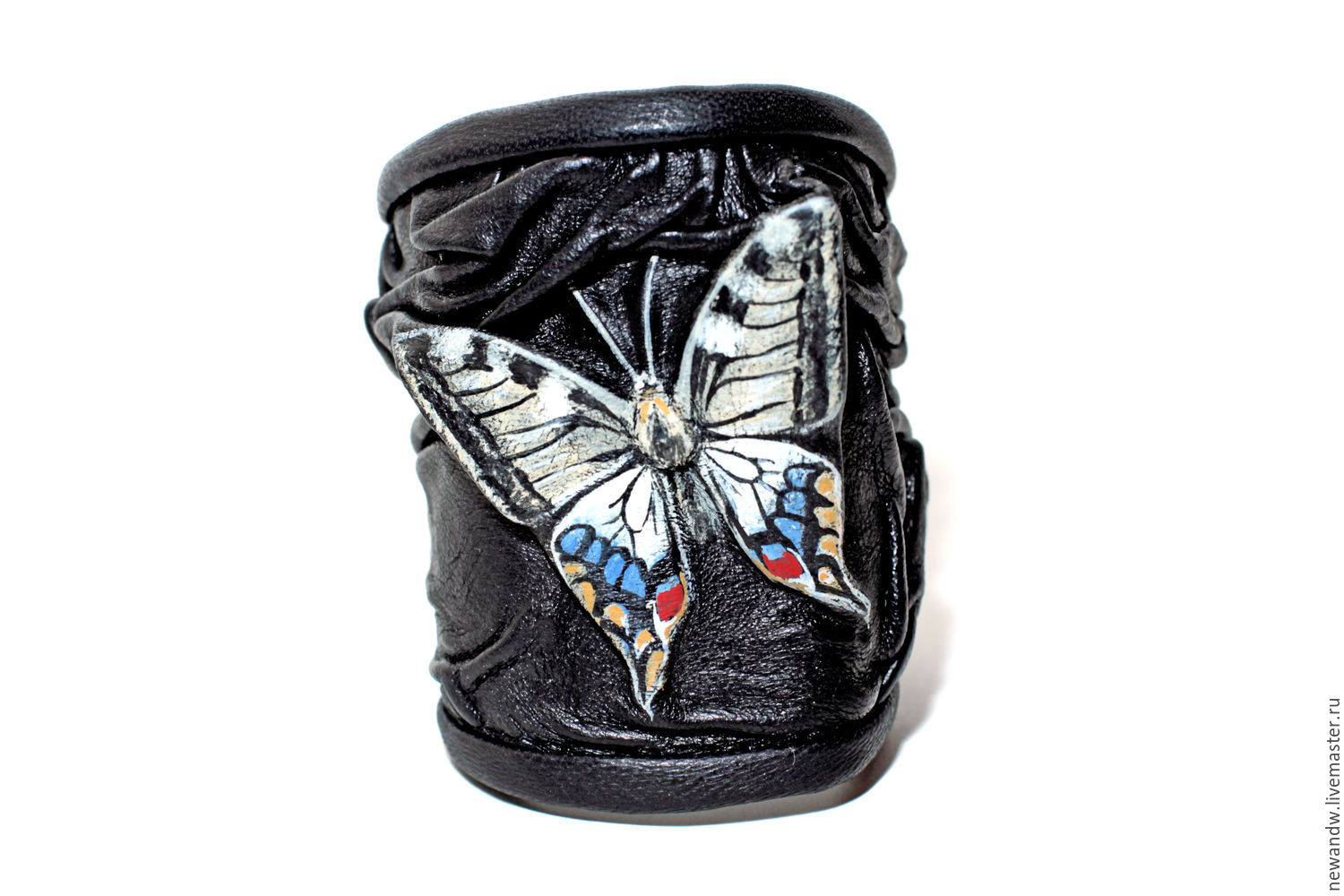 3D Браслет "Бабочка" из натуральной кожи чёрного цвета