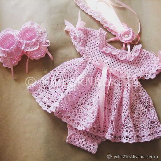 Комплект ажурный для малышки из хлопка(платье,пинетки,повязка Розовый