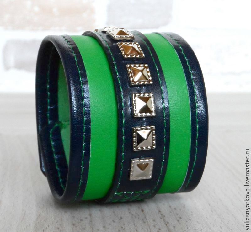 Двухцветный кожаный браслет Синий/зеленый