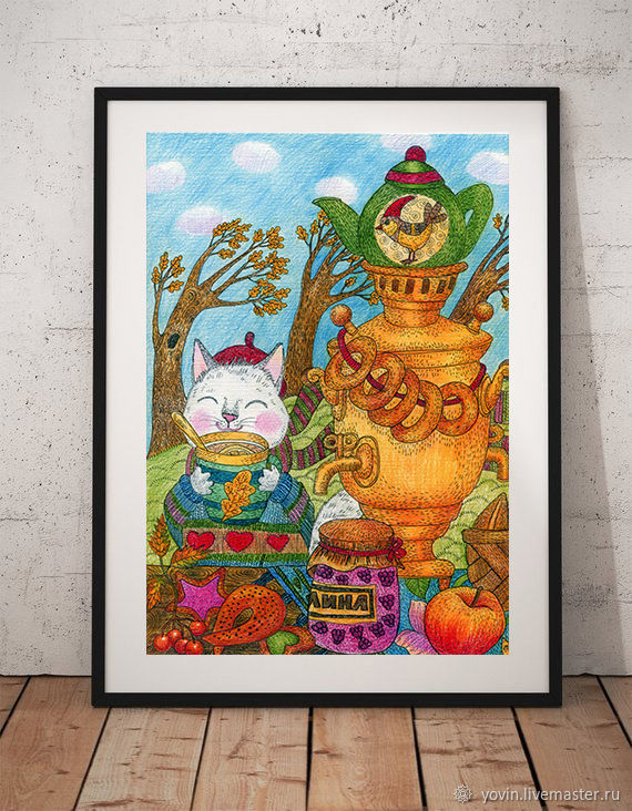 Постер Чаепитие в ветреный день Картина с котом для дома
