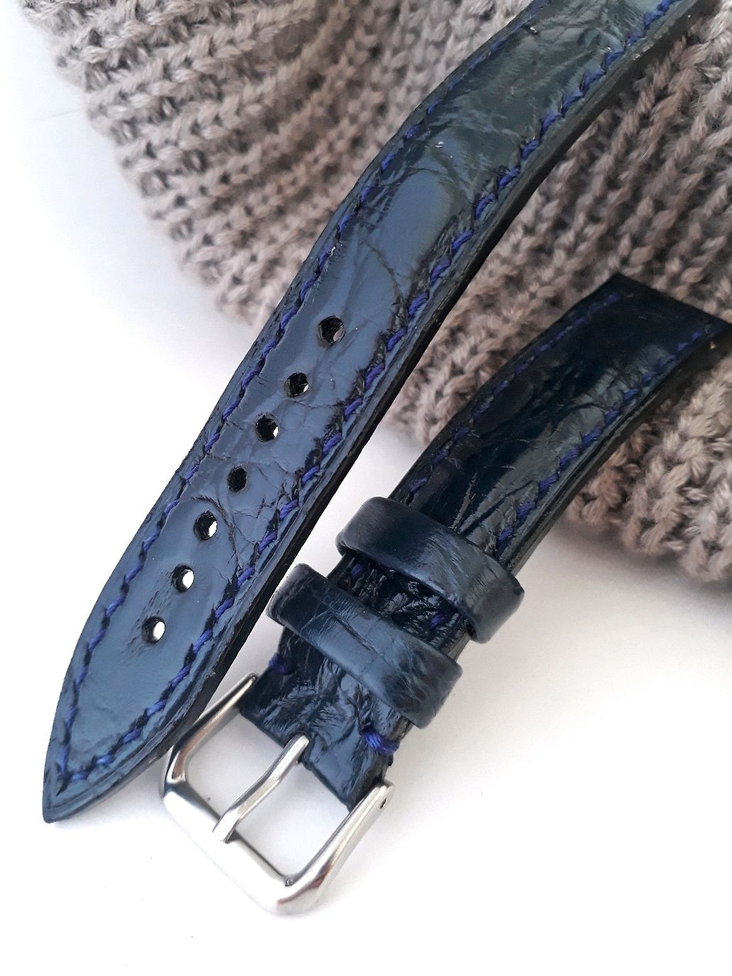 Синий ремешок для часов из натуральной кожи крокодила
