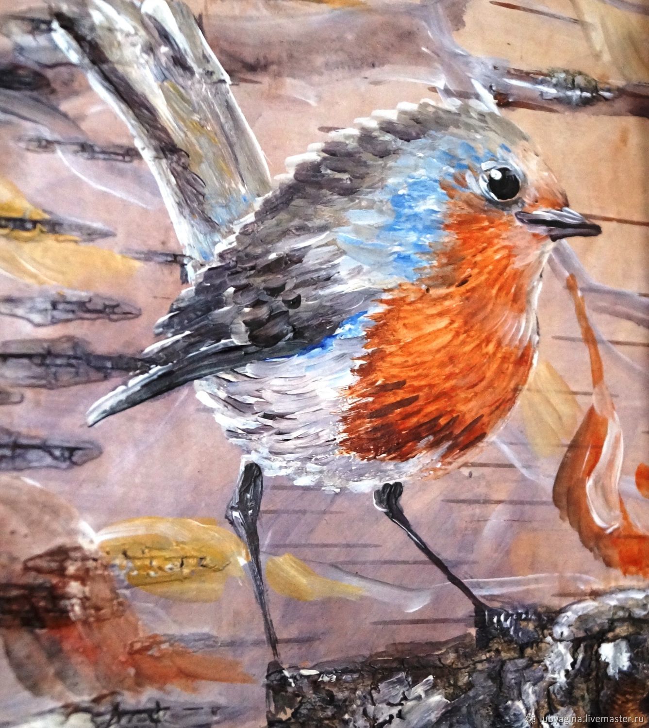 Птичка зарянка Картина на бересте серый с рыжим