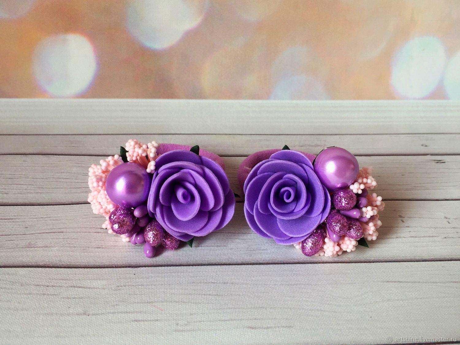 Резиночки для волос с фиолетовыми цветами, резинка с розой