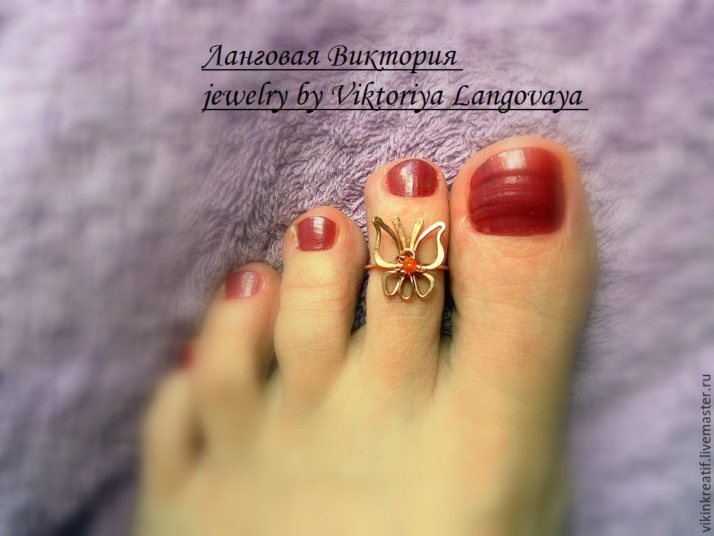 Кольцо на палец ноги "Бабочка", бронза,сердолик, wire wrap