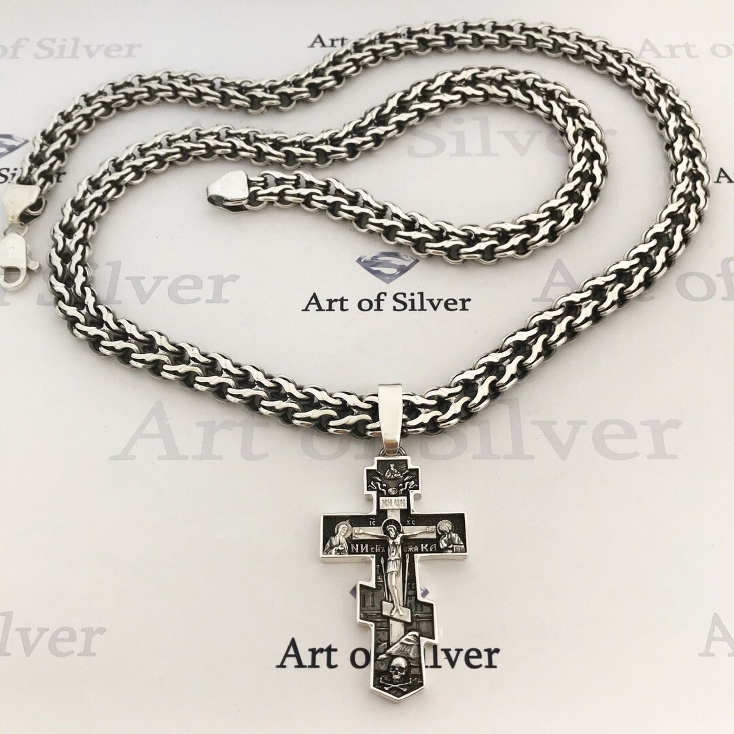 Серебряная мужская цепочка Двойной Ручей с Крестом