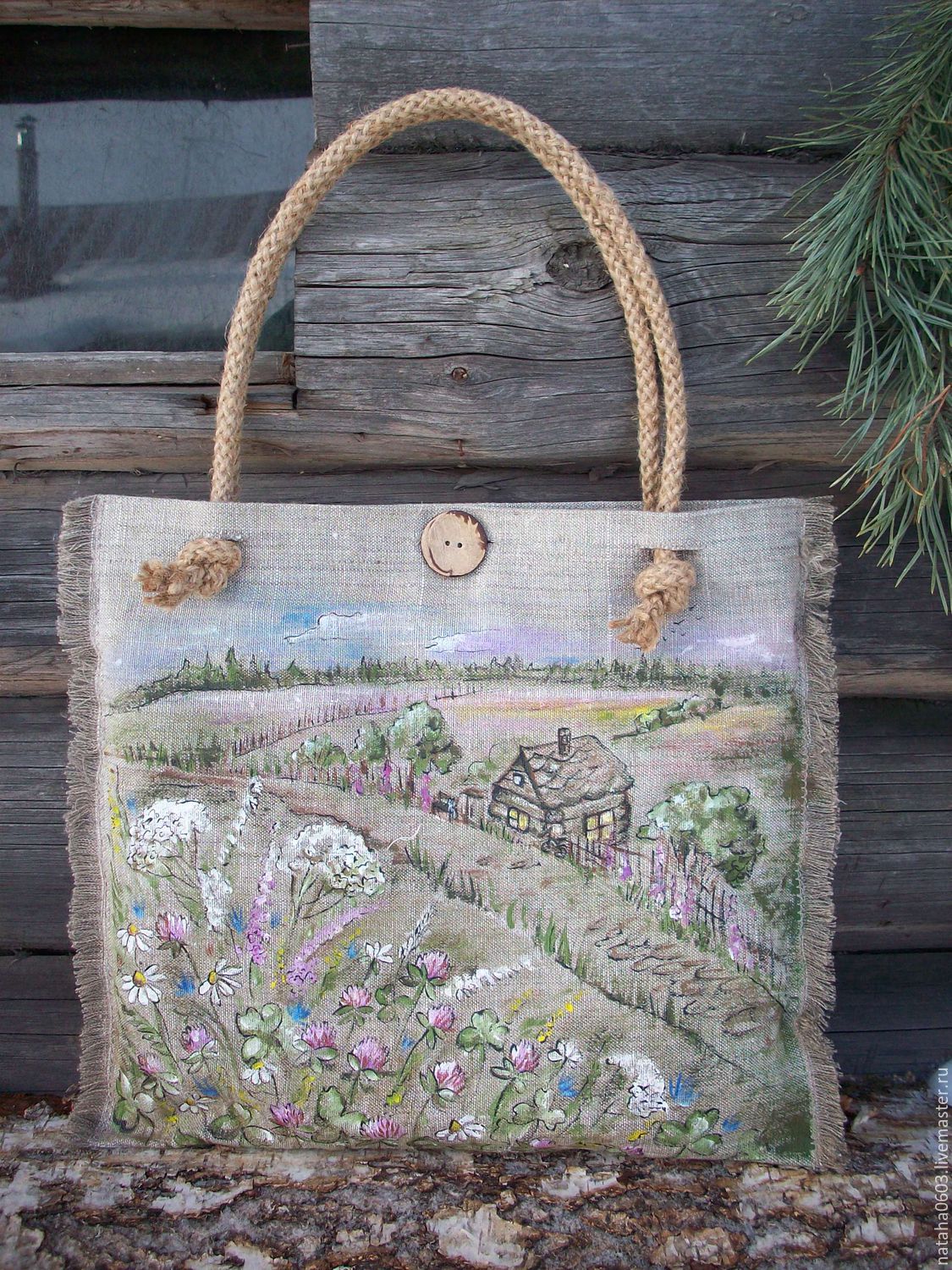 Льняная сумка с росписью...Уеду в деревню к бабушке!!!