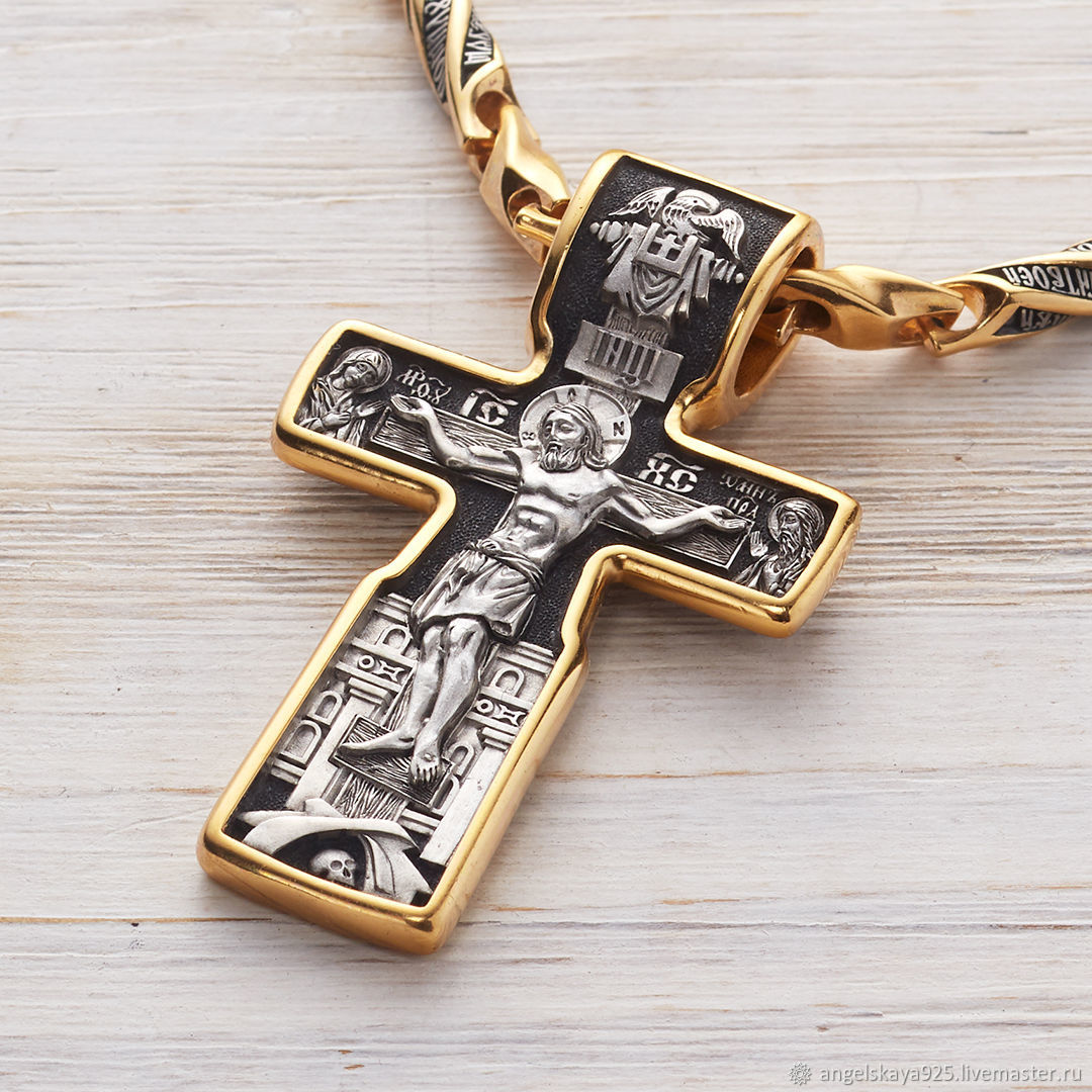 Мужской серебряный крест из серебра с позолотой «Николай Чудотворец»