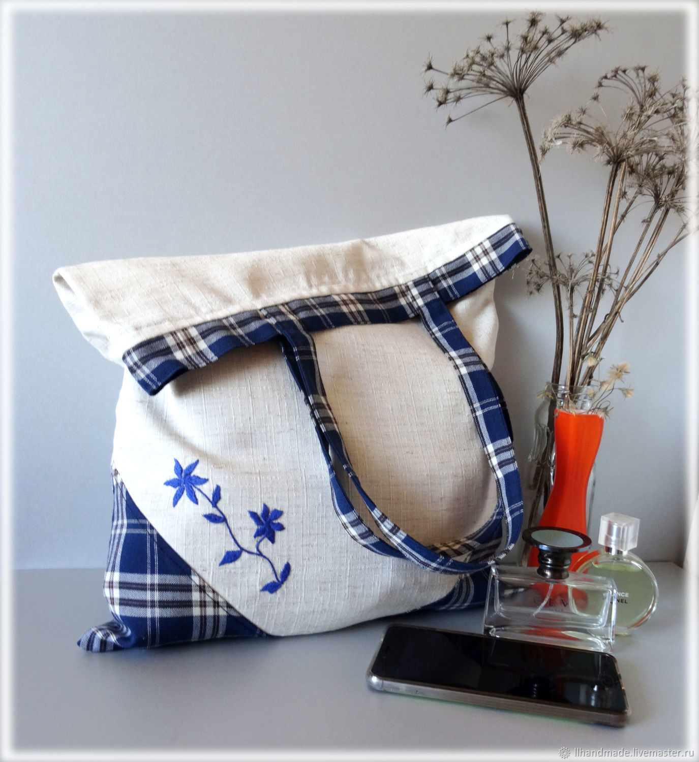 Эко-сумка "Синее лето" - ручная вышивка, авоська, льняная сумка