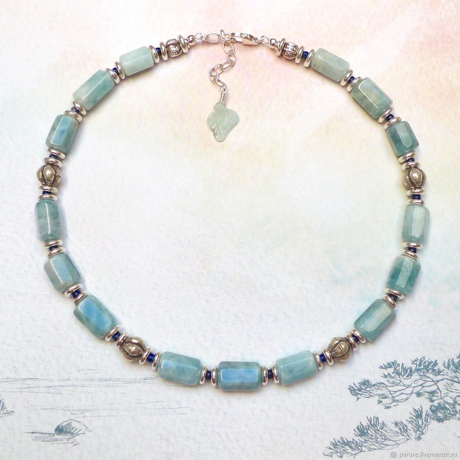 Серебряное ожерелье с Аквамарином /бусы аквамарин, колье, серебро 925