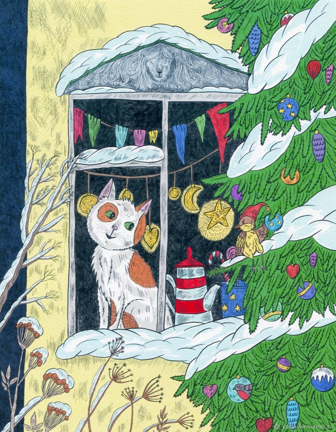 Постер Картина с котом для дома Кот на окне в новый год