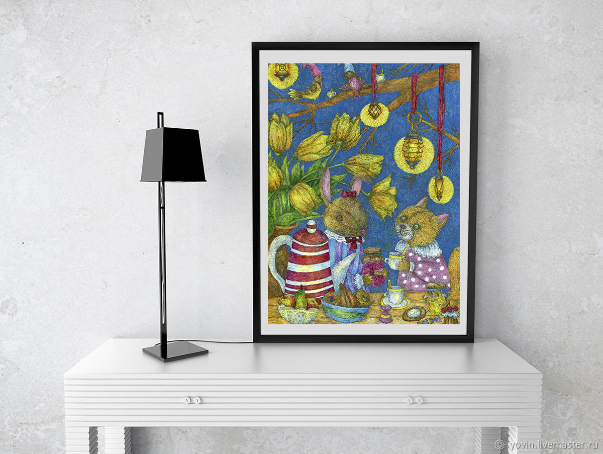 Картина для интерьера с кошкой, кроликом и цветами Весенее чаепитие