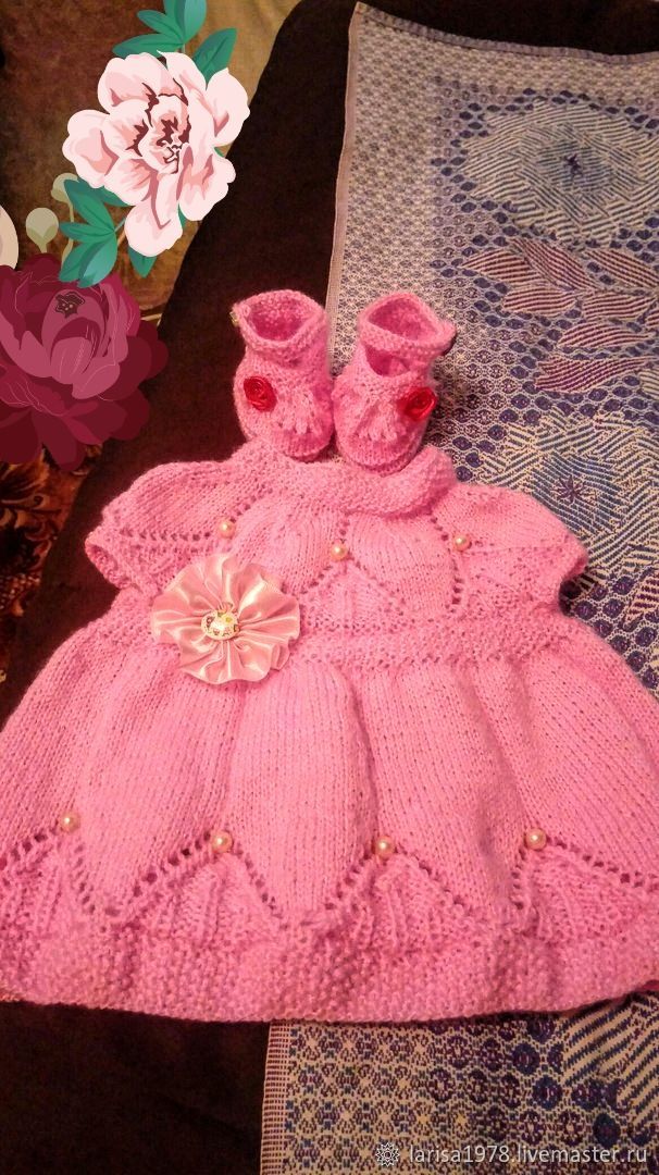 Платье вязаное для девочки Розовое с атласным цветком