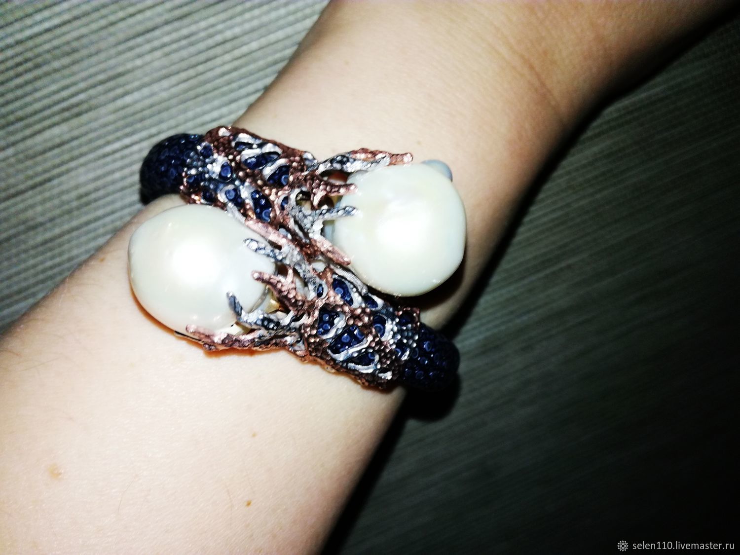 Браслет «Baroque Pearl» кожа ската, серебро, барочный жемчуг