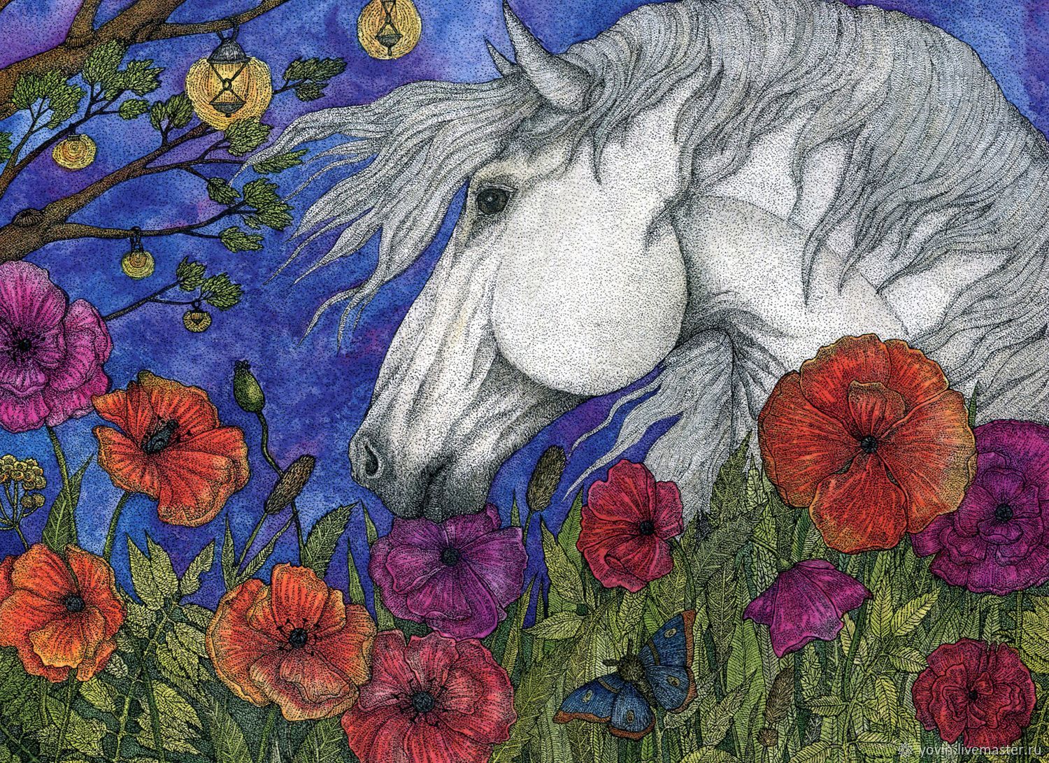 Большой постер Белая лошадь и маки Картина для дома