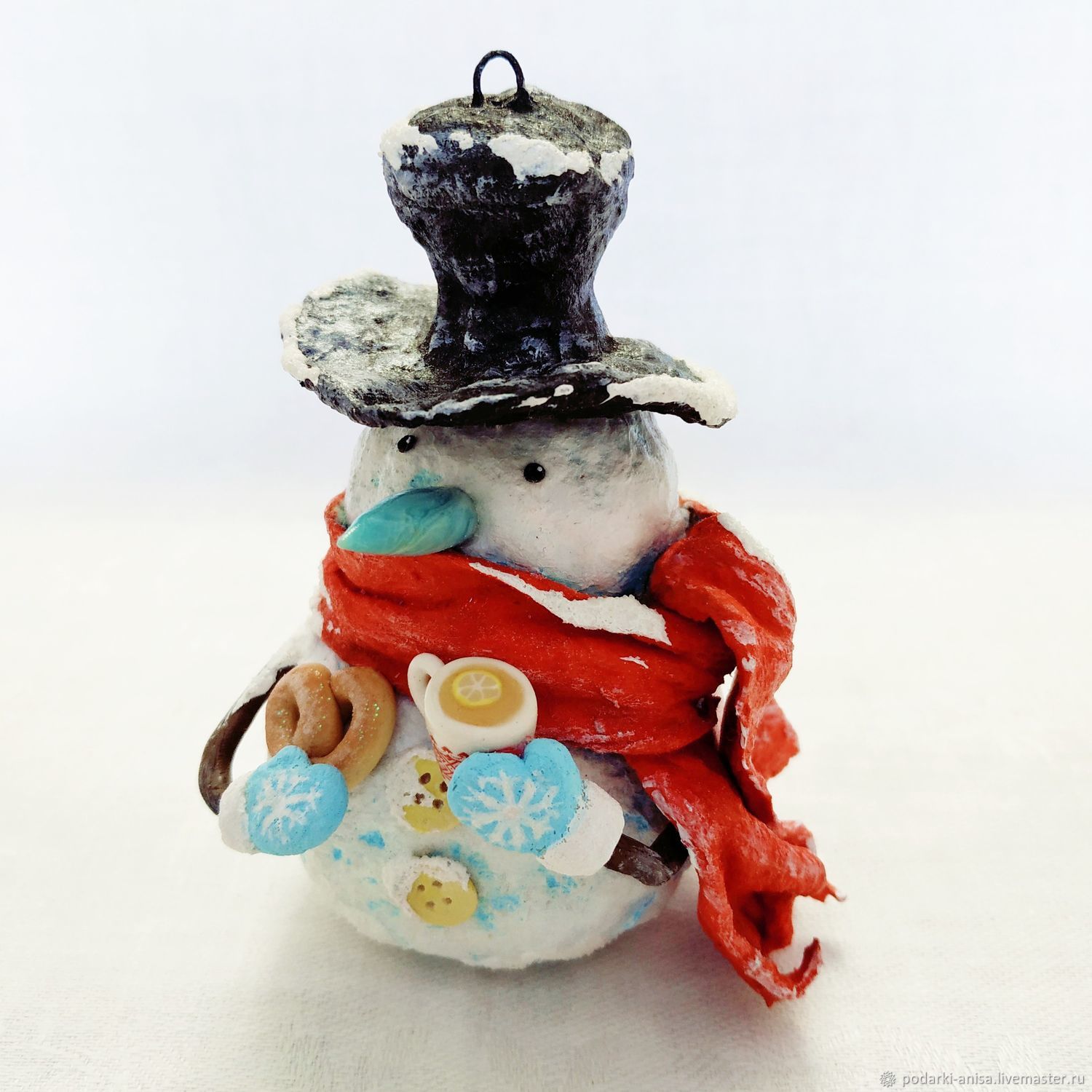 Ватная ёлочная игрушка Снеговик пьёт чай Винтаж