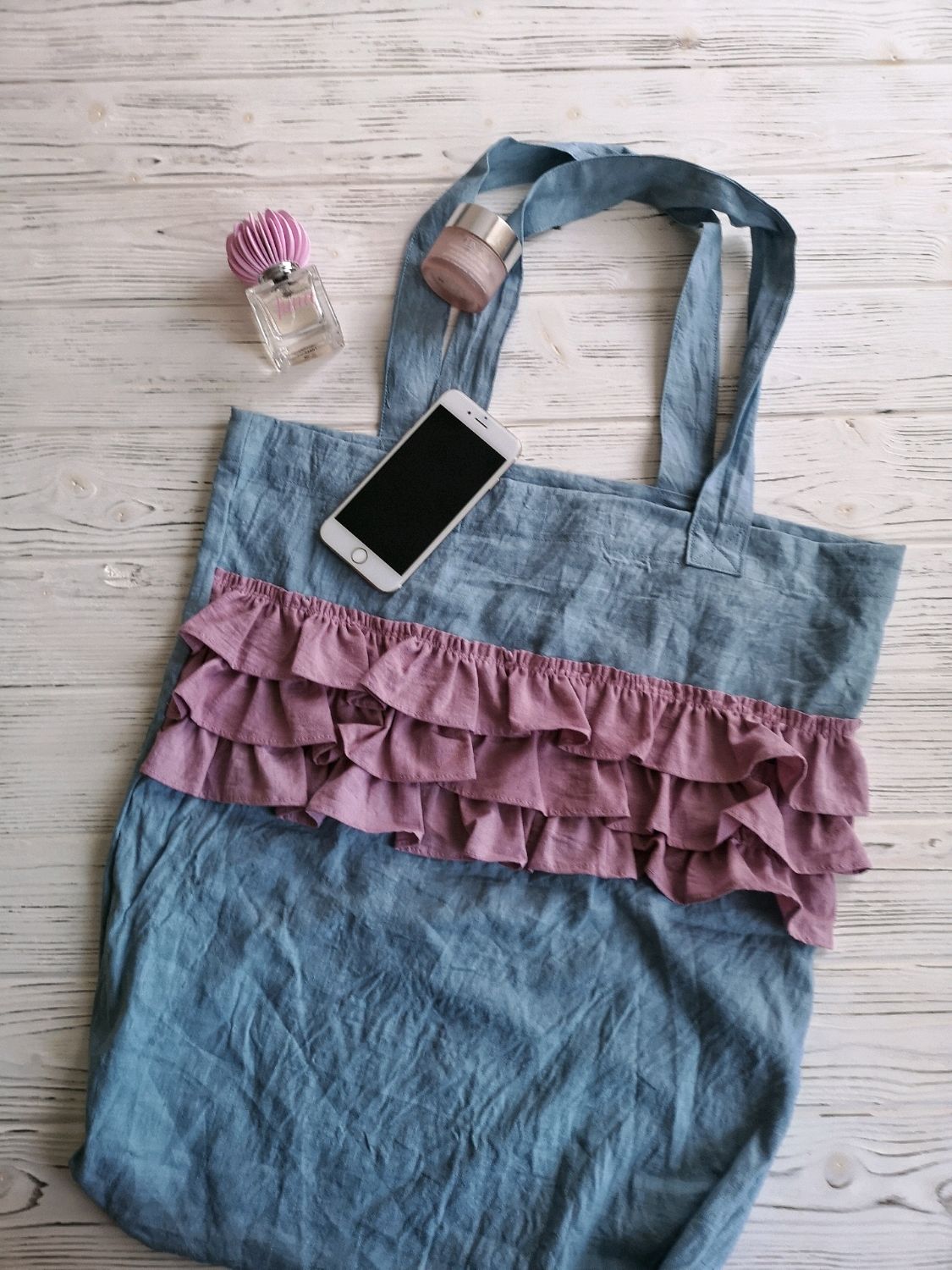 Льняная сумка голубая с розовым Рюши linen bag ruffles