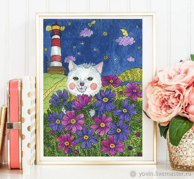Постер кот романтик с букетом космеи и маяком Картина для детской