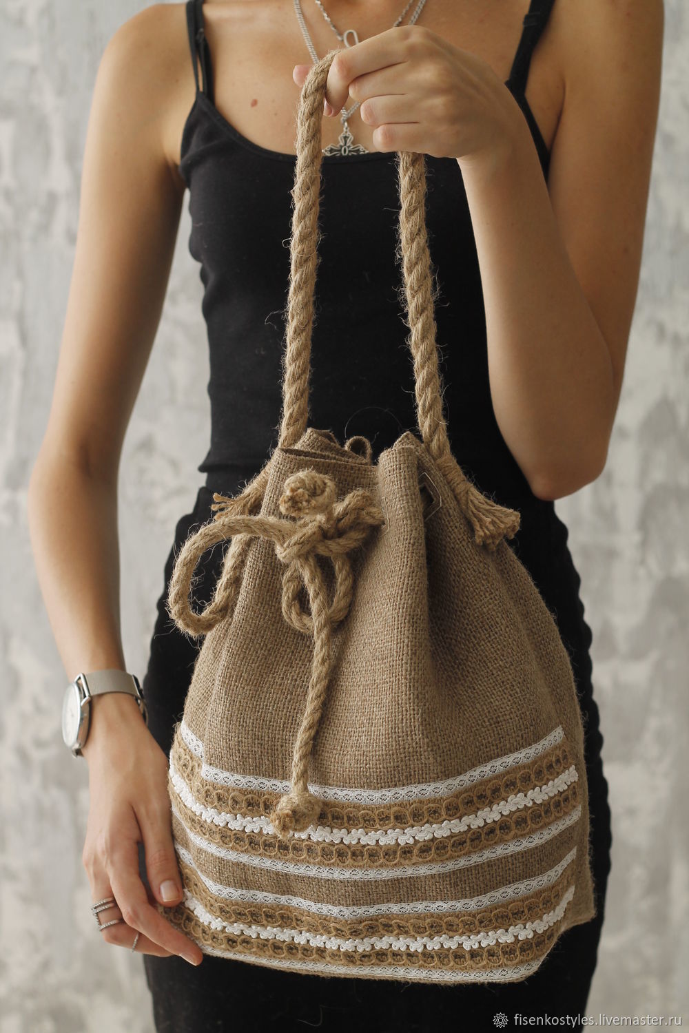 Эко-сумка из джутовой ткани с плетением и кружевами_Fisenko brand