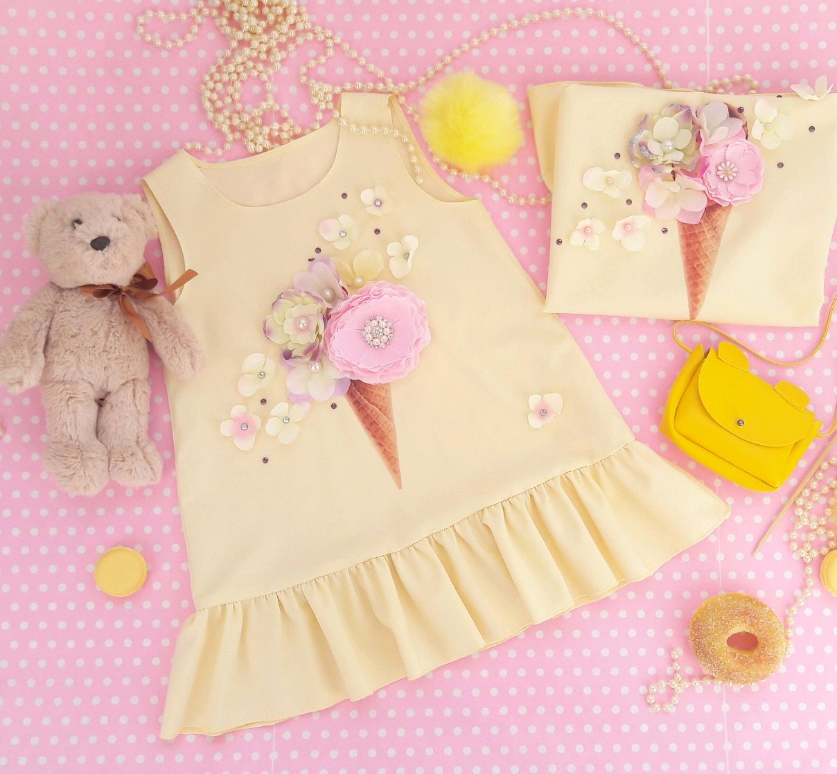 Дизайнерское желтое платье с воланом, цветочный принт мороженое модное