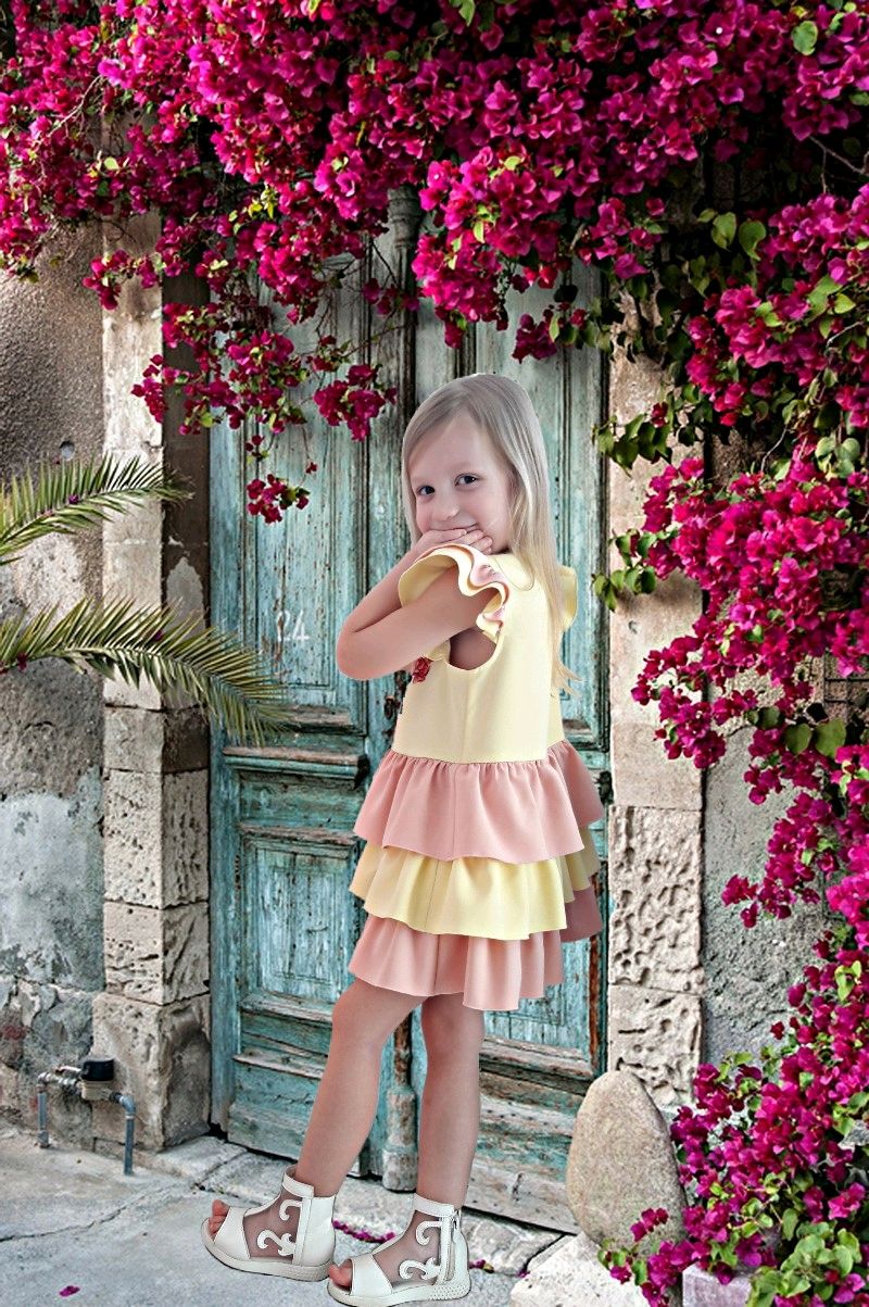 Платье для девочки розовое и  желтое. Праздничное платье с принтом