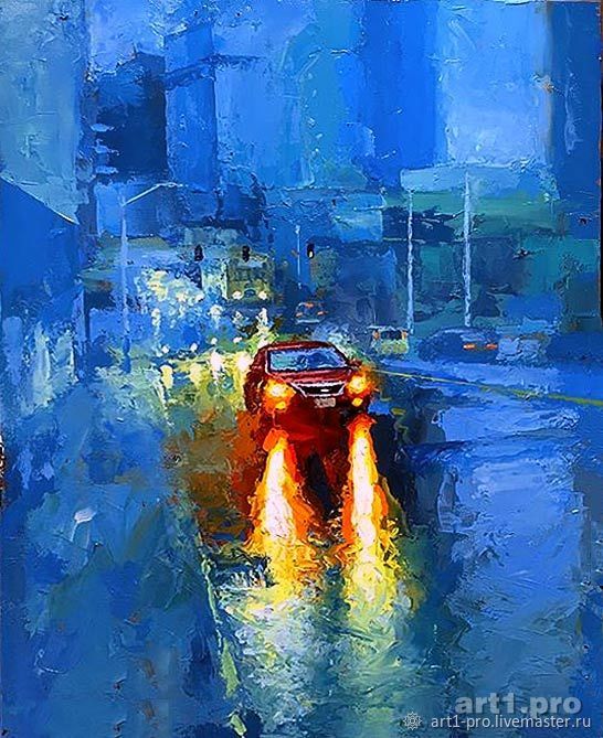 Дождливый городской пейзаж картина маслом Абстракция. Синий