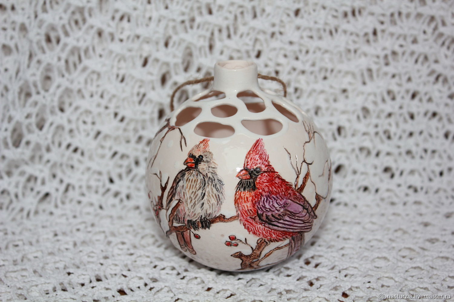 Елочный шар Северные кардиналы керамика