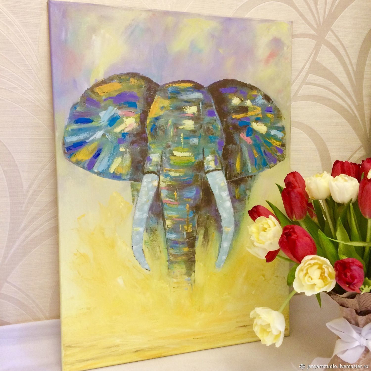 Картина со слоном «Величие» масло холст желтый серый цвет абстракция