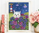 Постер кот романтик с букетом космеи и маяком Картина для детской