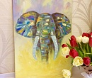 Картина со слоном «Величие» масло холст желтый серый цвет абстракция